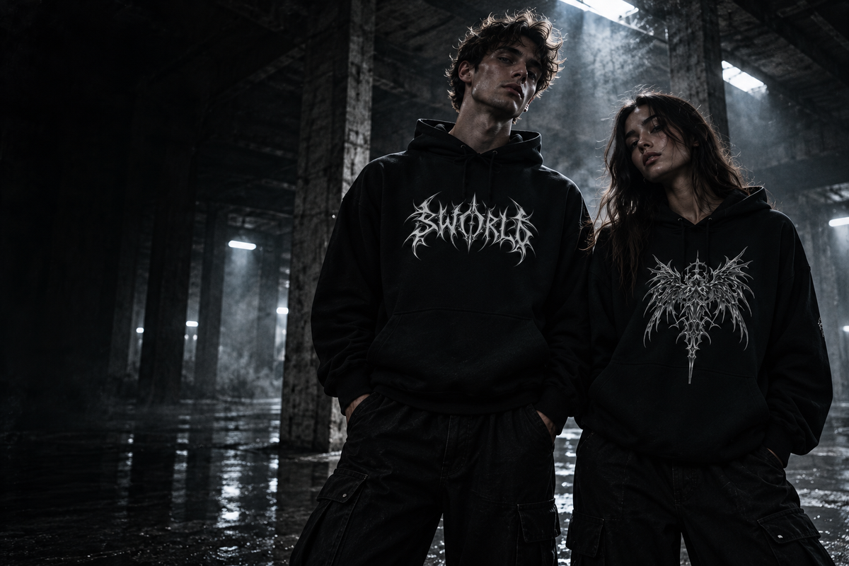Visuel d’ambiance SWORLD : deux silhouettes en hoodies noirs dans un entrepôt industriel