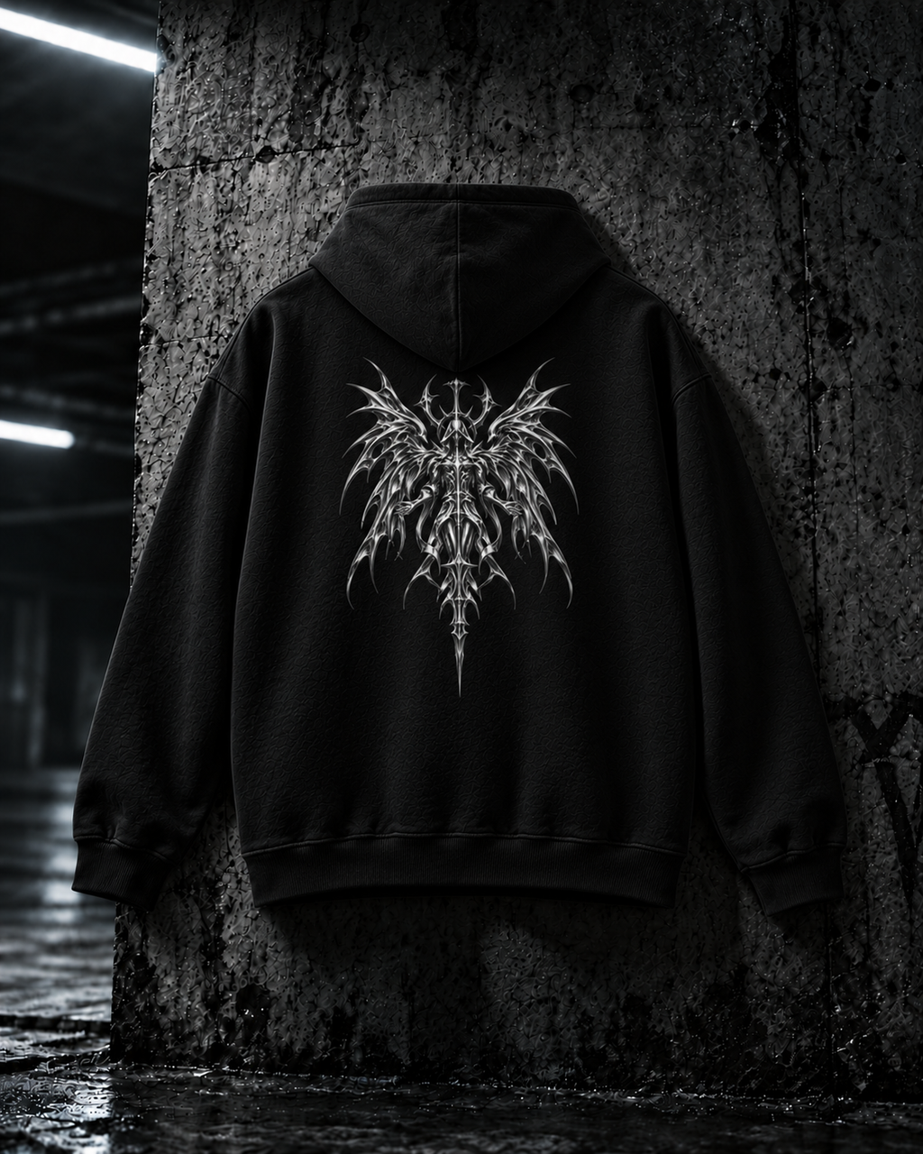 SWORLD — CHROME HOODIE noir, vue de dos, motif ange, décor industriel