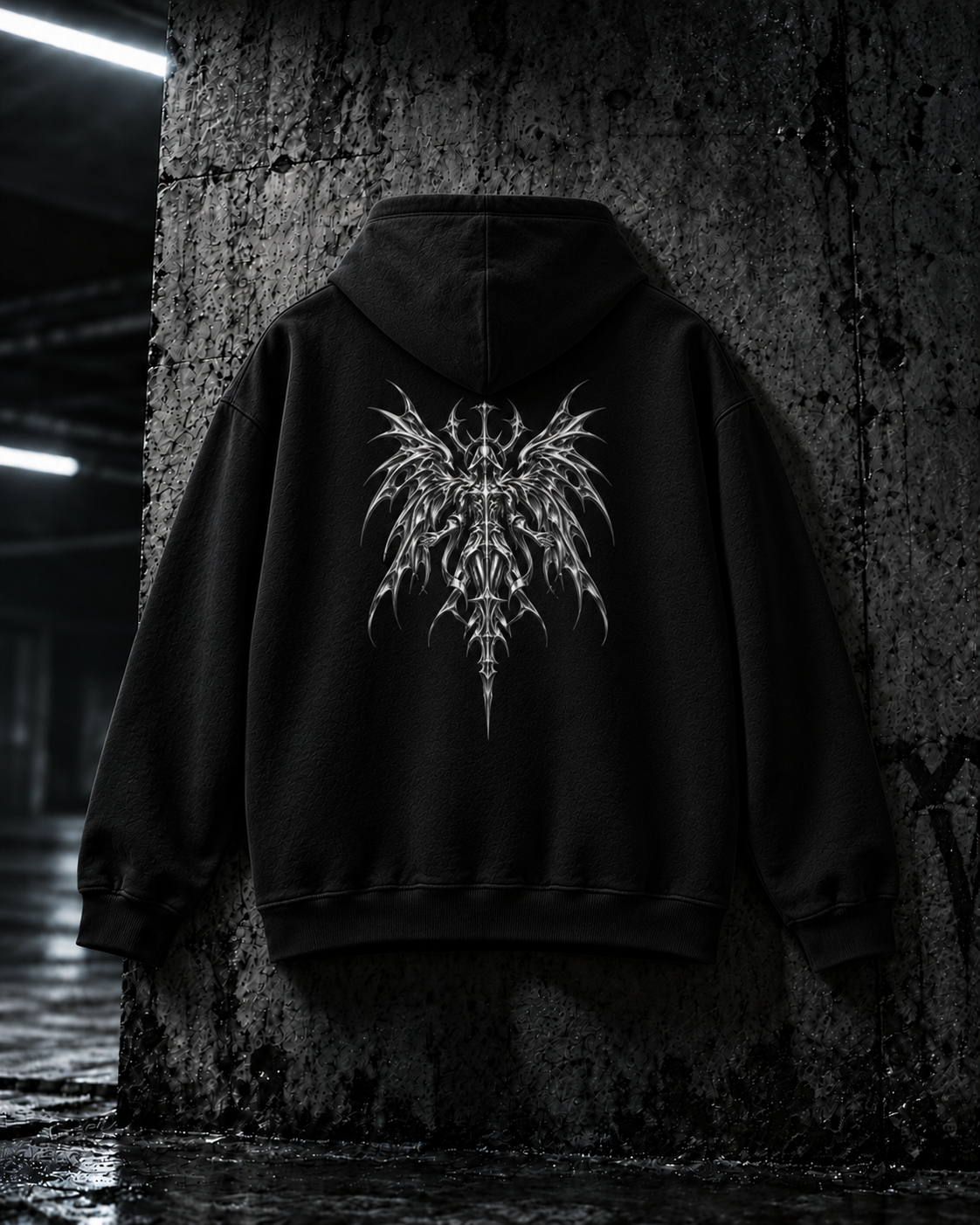 SWORLD — CHROME HOODIE noir, vue de dos, motif ange, décor industriel