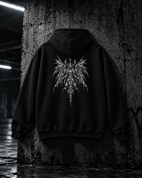 SWORLD — CHROME HOODIE noir, vue de dos, motif ange, décor industriel