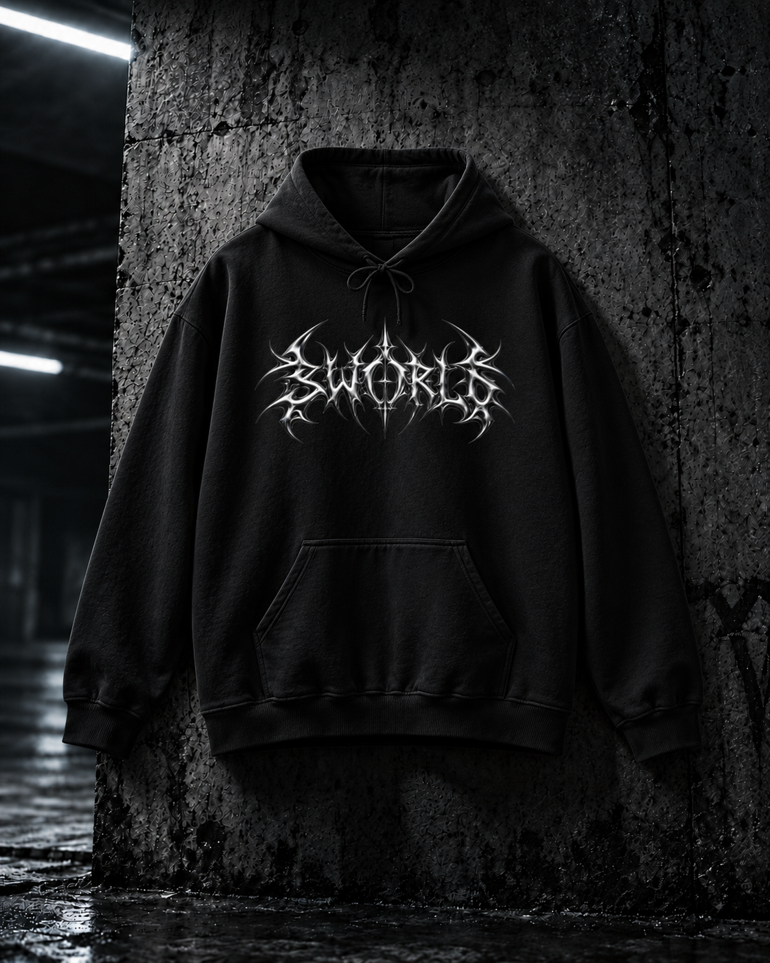 SWORLD — CHROME HOODIE noir, vue de face, décor industriel