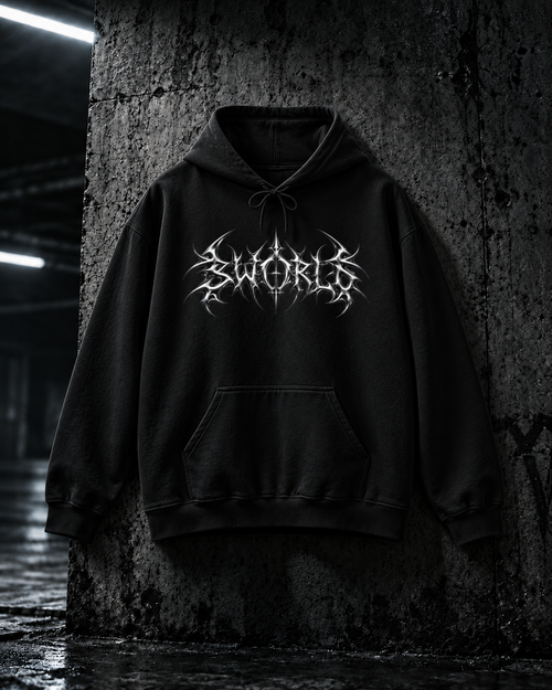 SWORLD — CHROME HOODIE noir, vue de face, décor industriel