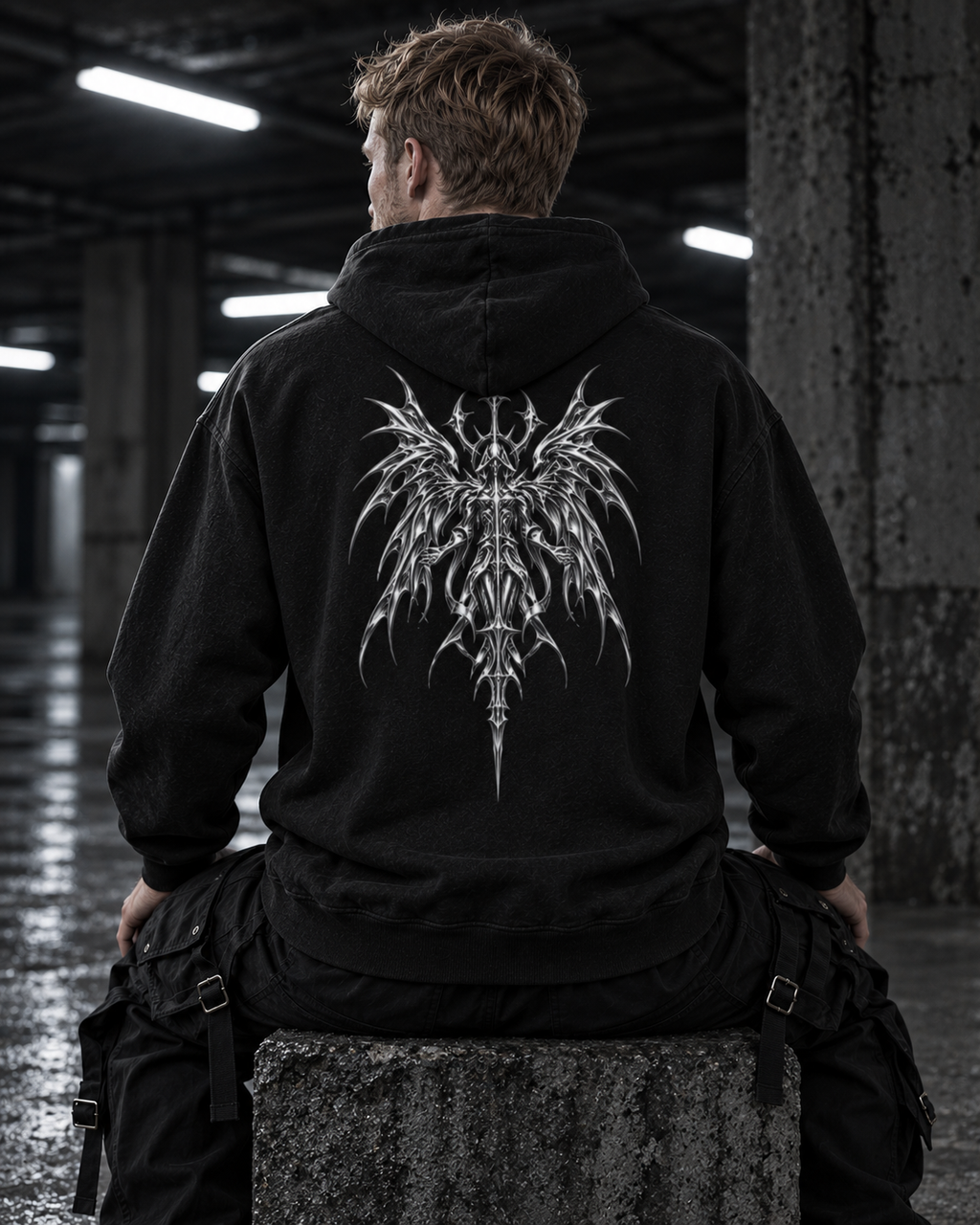 SWORLD — CHROME HOODIE noir porté, vue de dos, modèle homme, décor industriel