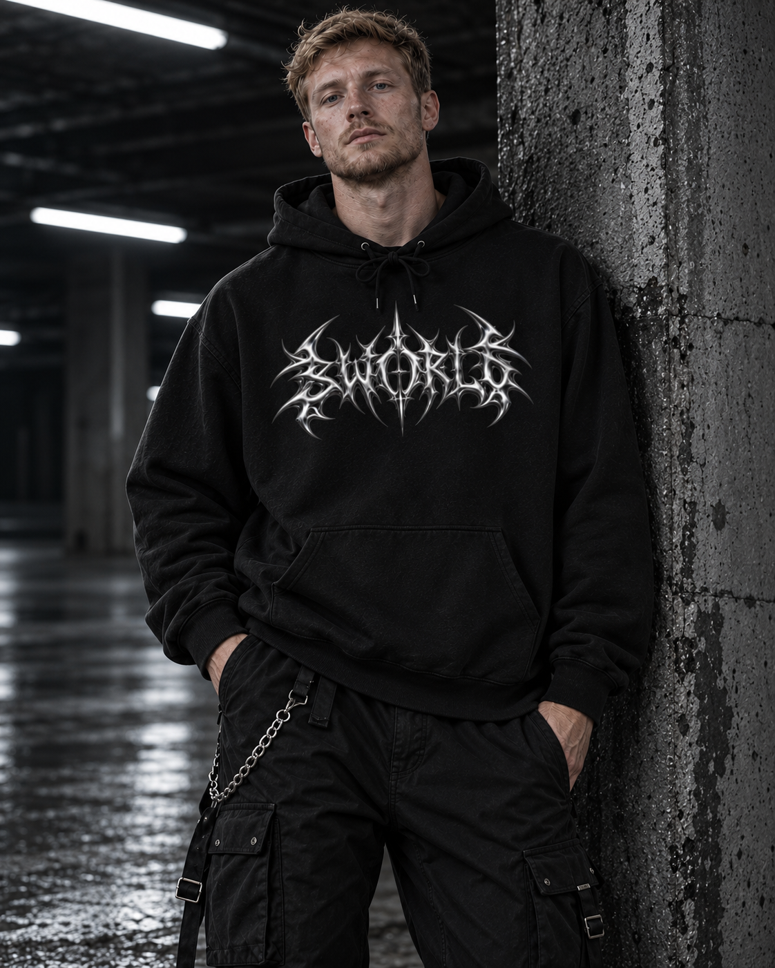 SWORLD — CHROME HOODIE noir porté, vue de face, modèle homme, décor industriel