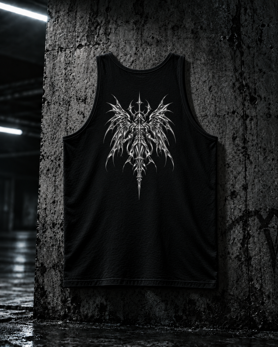 SWORLD — CHROME TANK noir, vue de dos, motif ange, décor industriel
