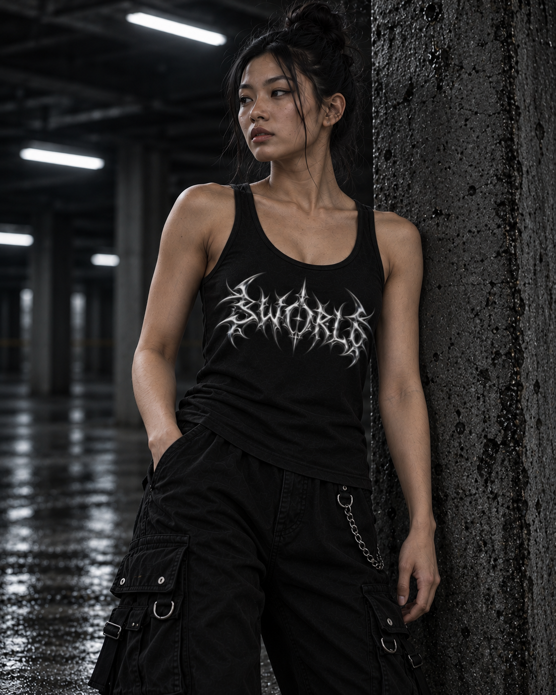SWORLD — CHROME TANK noir porté, vue de face, modèle femme, décor industriel