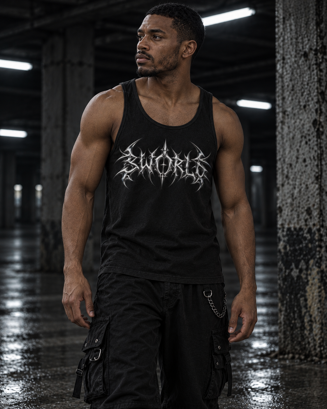 SWORLD — CHROME TANK noir porté, vue de face, modèle homme, décor industriel