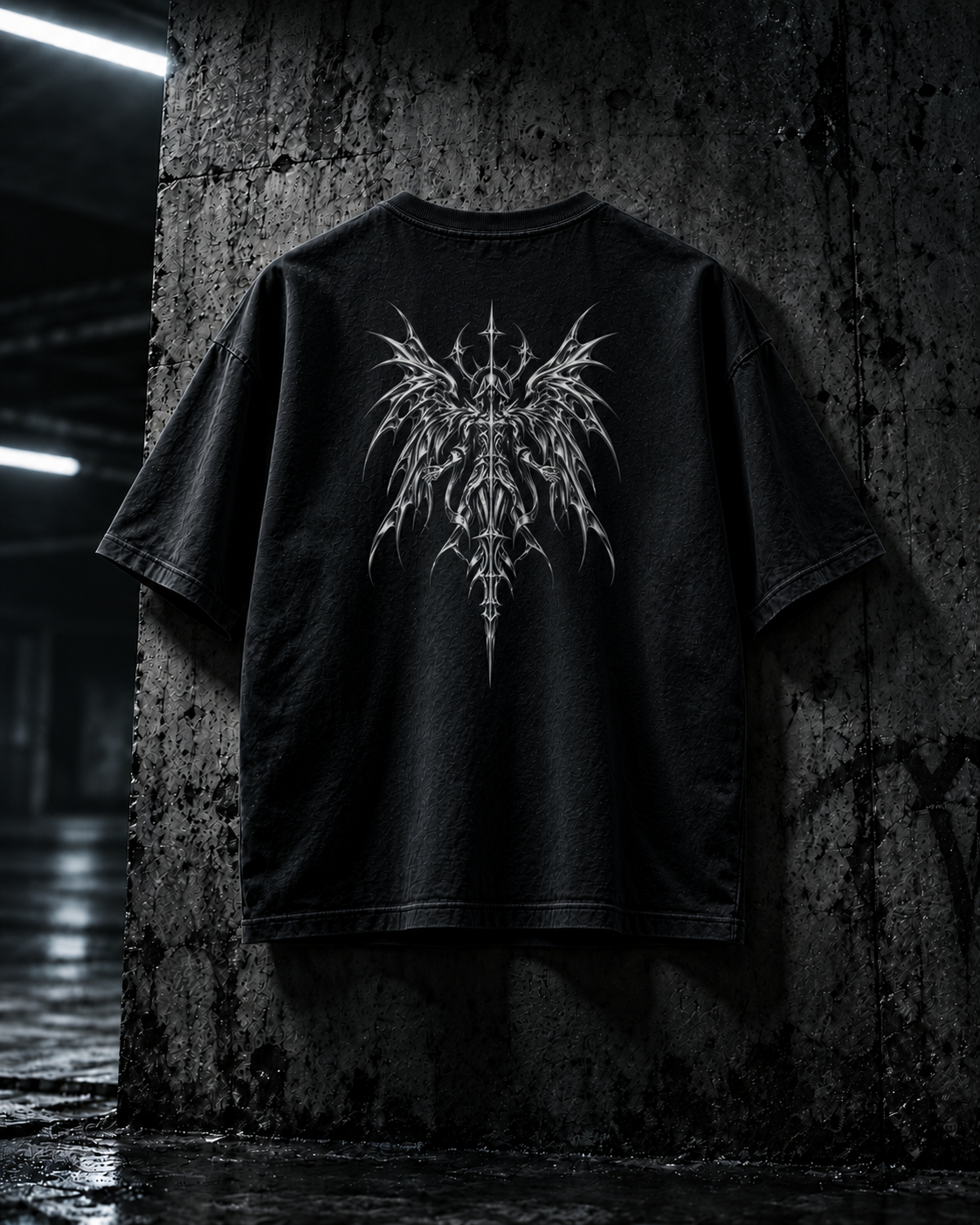 SWORLD — CHROME TEE noir, vue de dos, motif ange, décor industriel