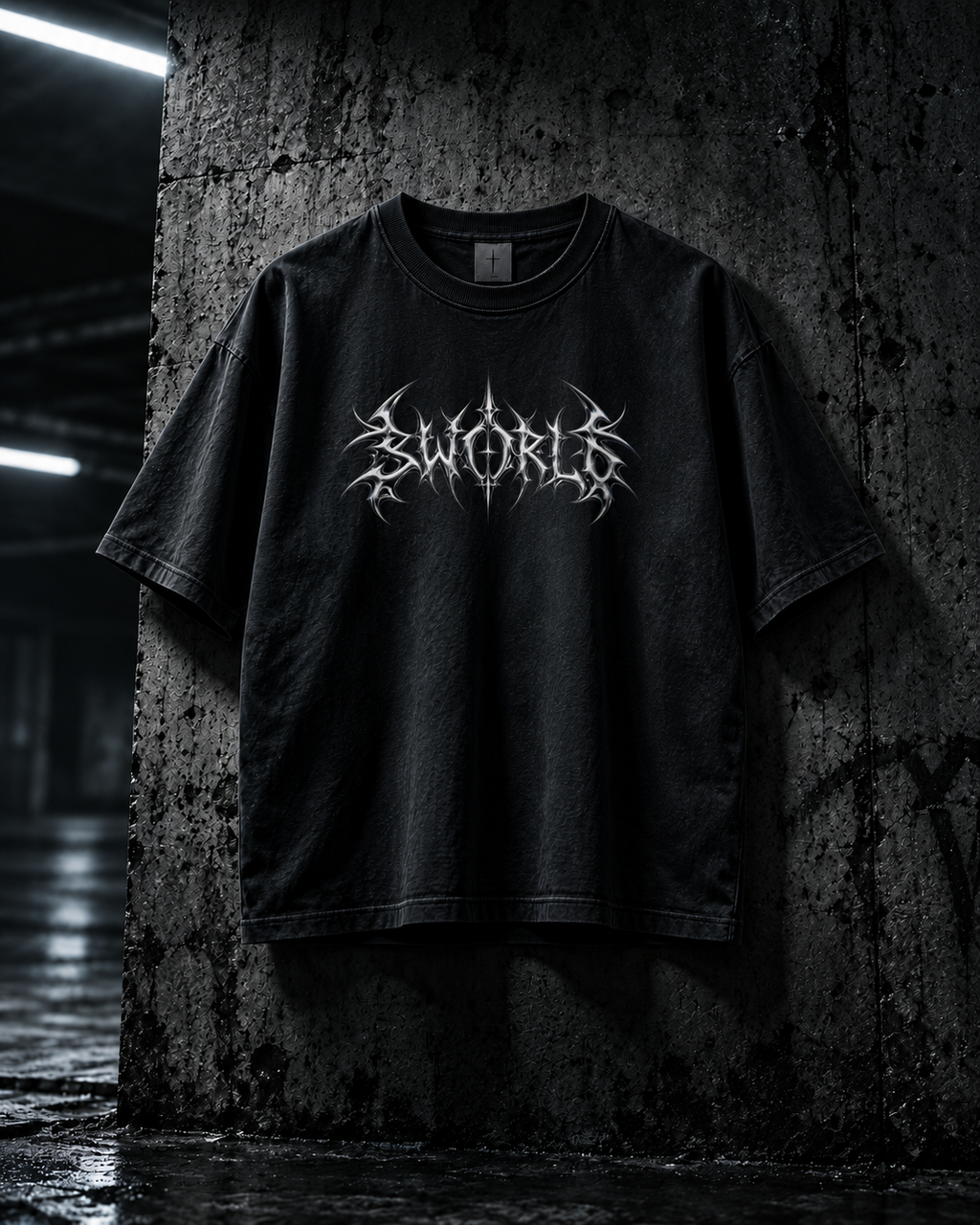 SWORLD — CHROME TEE noir, vue de face, décor industriel