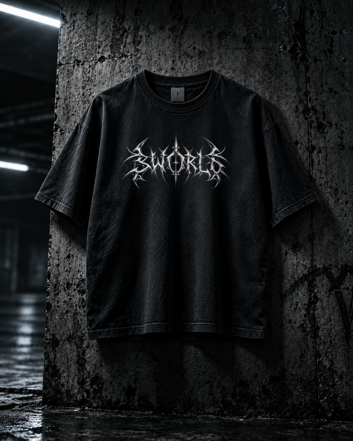 SWORLD — CHROME TEE noir, vue de face, décor industriel
