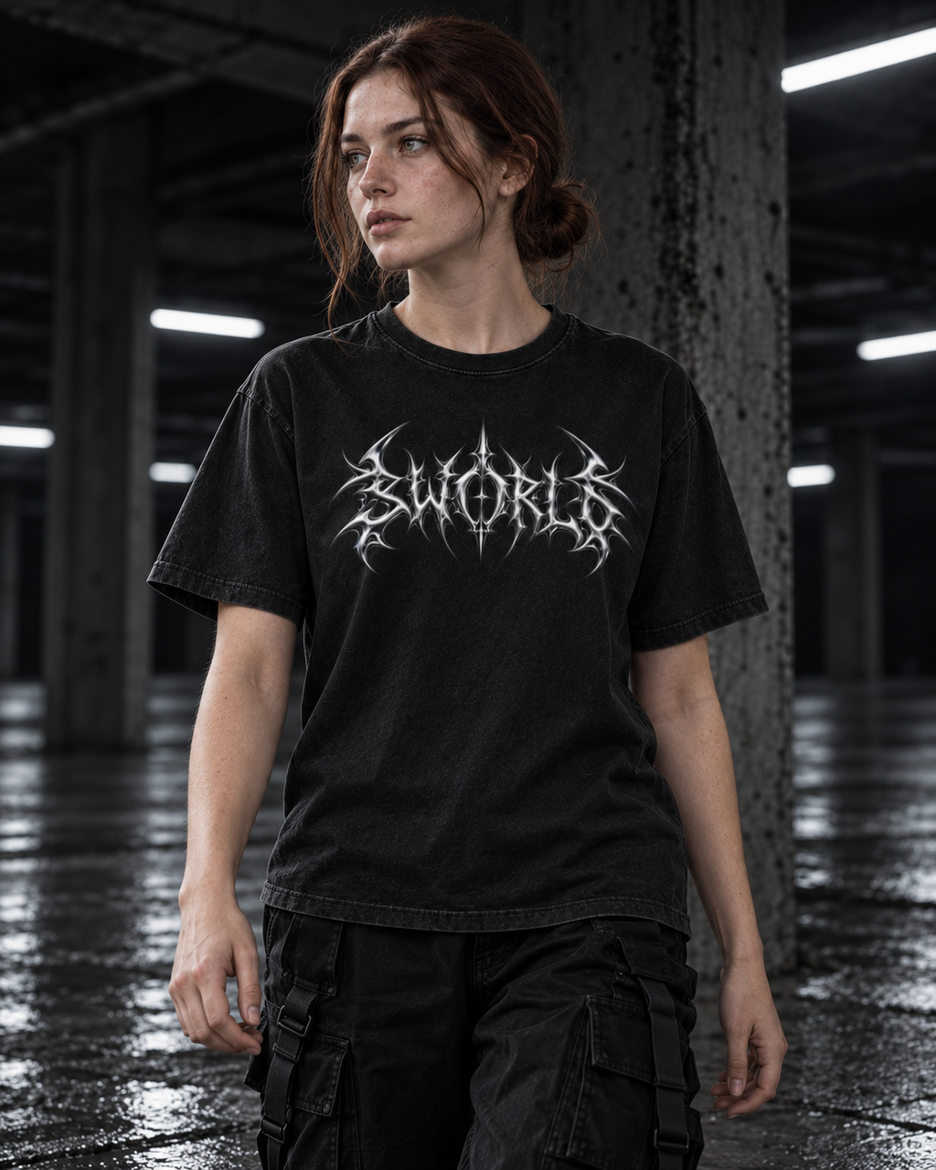 SWORLD — CHROME TEE noir porté, vue de face, modèle femme, décor industriel