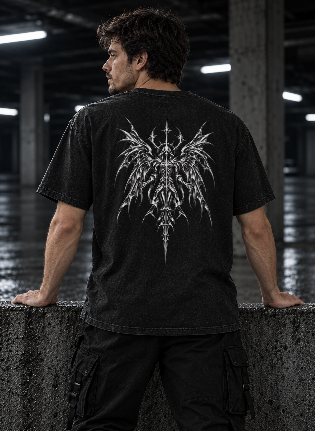 SWORLD — CHROME TEE noir porté, vue de dos, modèle homme, décor industriel