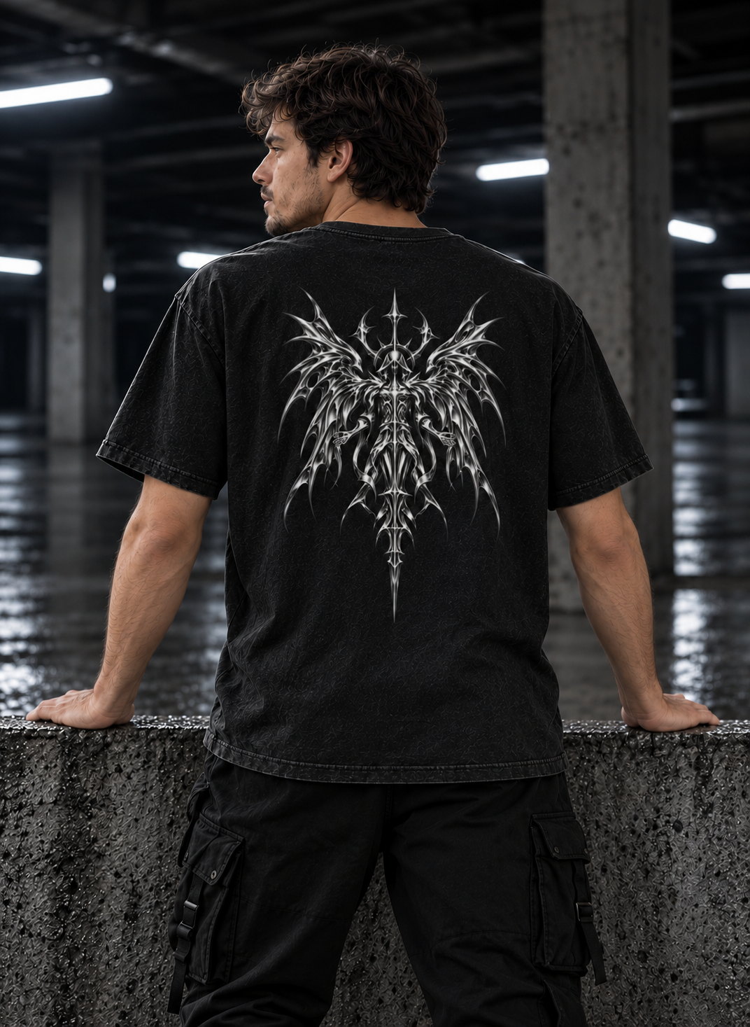 SWORLD — CHROME TEE noir porté, vue de dos, modèle homme, décor industriel