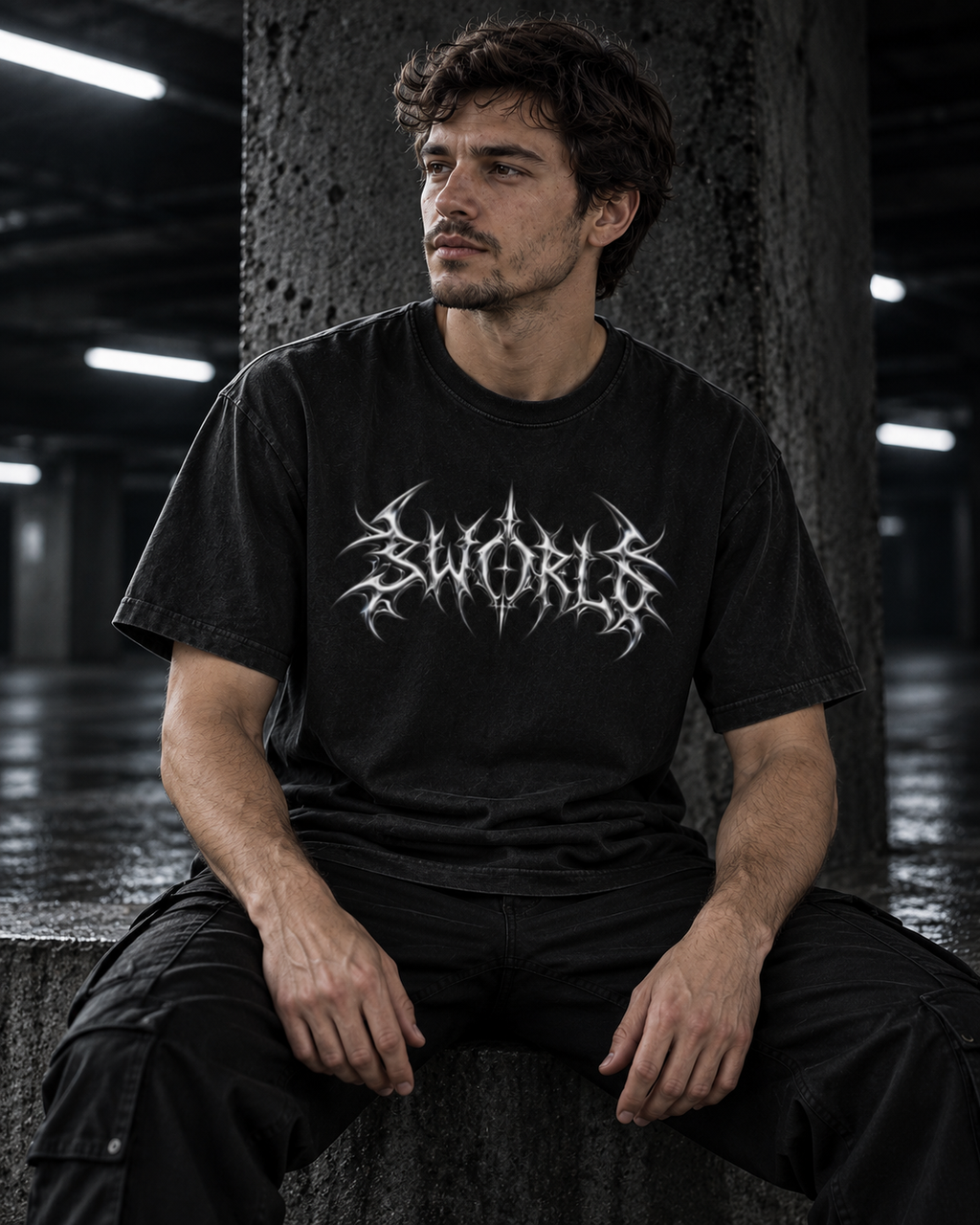 SWORLD — CHROME TEE noir porté, vue de face, modèle homme, décor industriel
