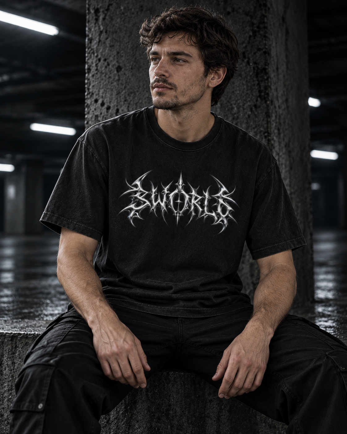 SWORLD — CHROME TEE noir porté, vue de face, modèle homme, décor industriel