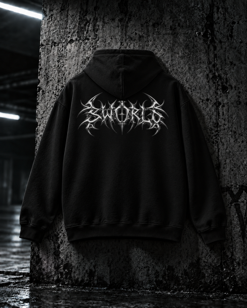 SWORLD — SERAPH HOODIE noir, vue de dos, motif logo, décor industriel