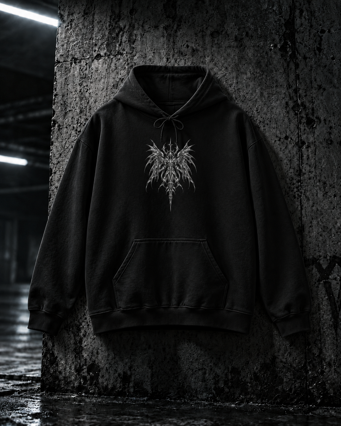 SWORLD — SERAPH HOODIE noir, vue de face, décor industriel