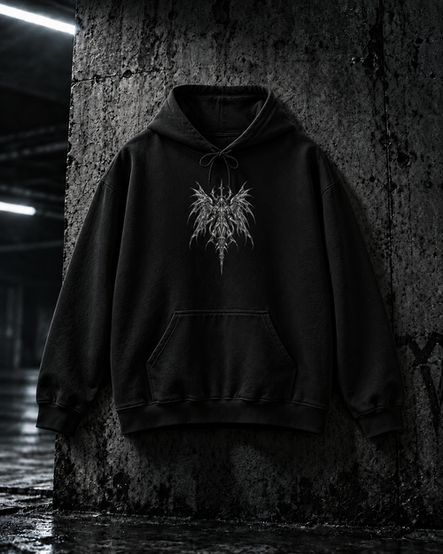 SWORLD — SERAPH HOODIE noir, vue de face, décor industriel