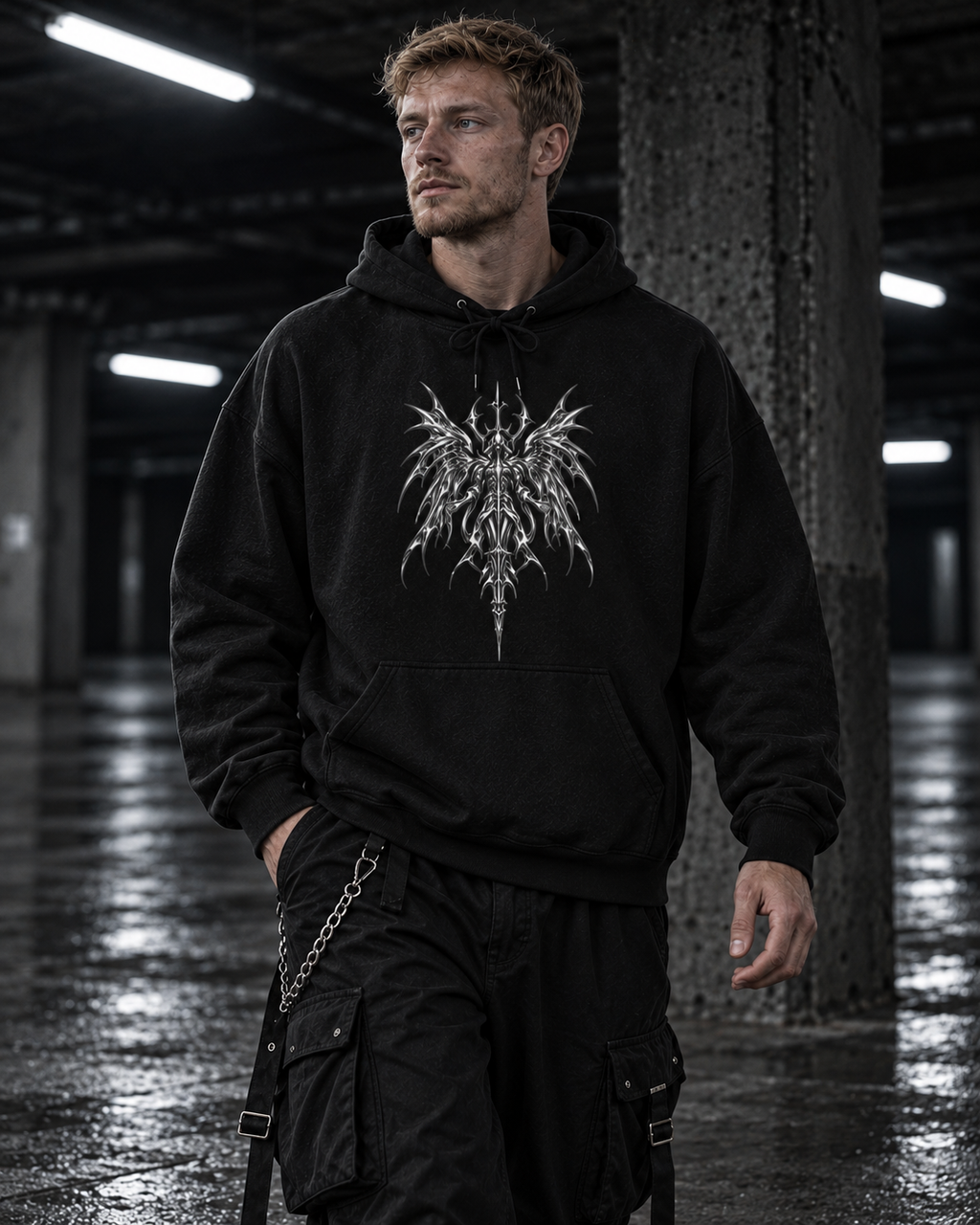 SWORLD — SERAPH HOODIE noir porté, vue de face, modèle homme, décor industriel