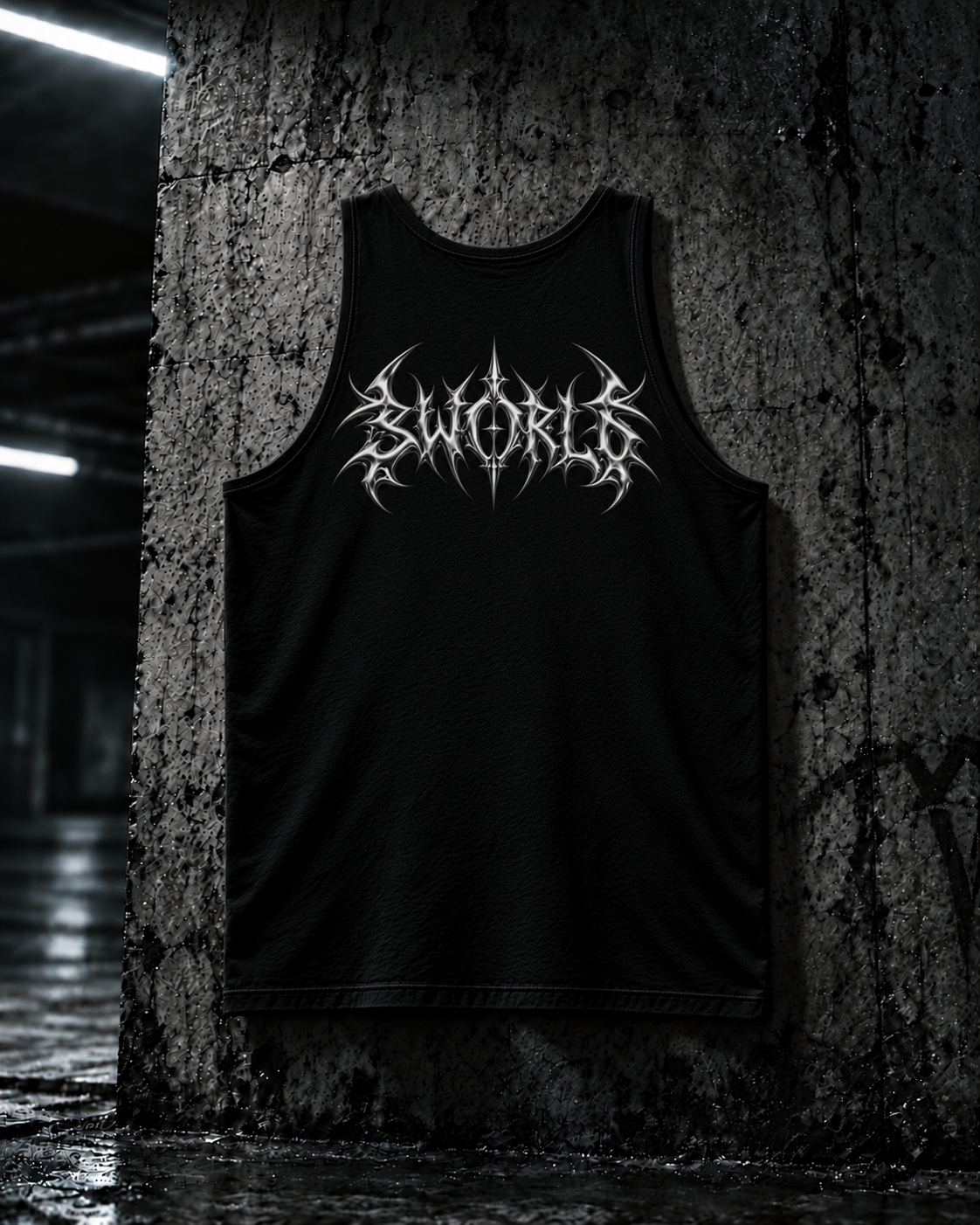 SWORLD — SERAPH TANK noir, vue de dos, motif logo, décor industriel