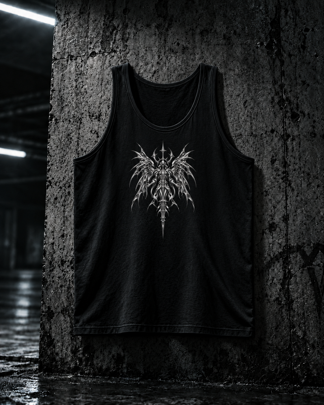 SWORLD — SERAPH TANK noir, vue de face, décor industriel