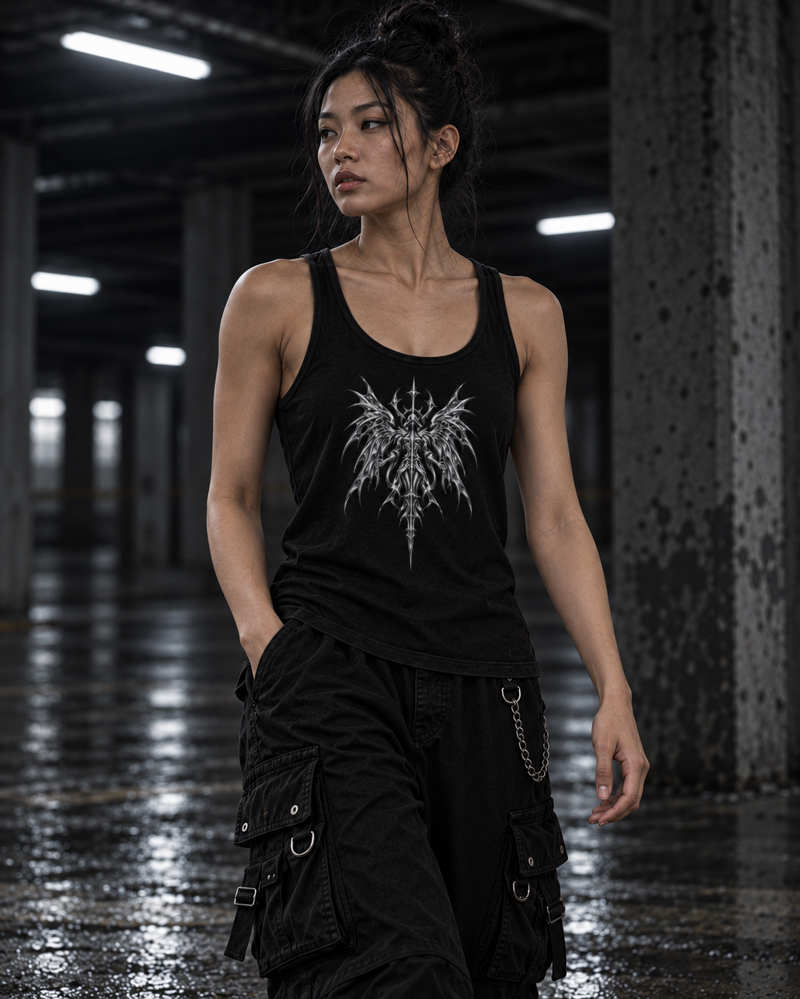 SWORLD — SERAPH TANK noir porté, vue de face, modèle femme, décor industriel