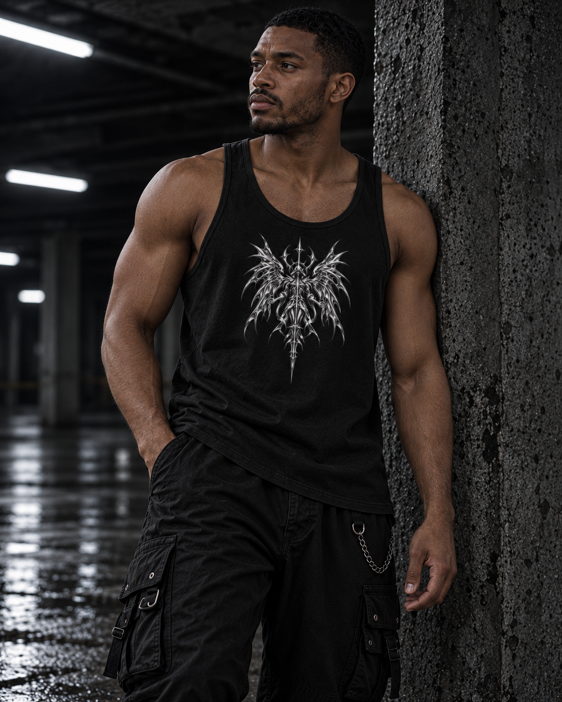 SWORLD — SERAPH TANK noir porté, vue de face, modèle homme, décor industriel