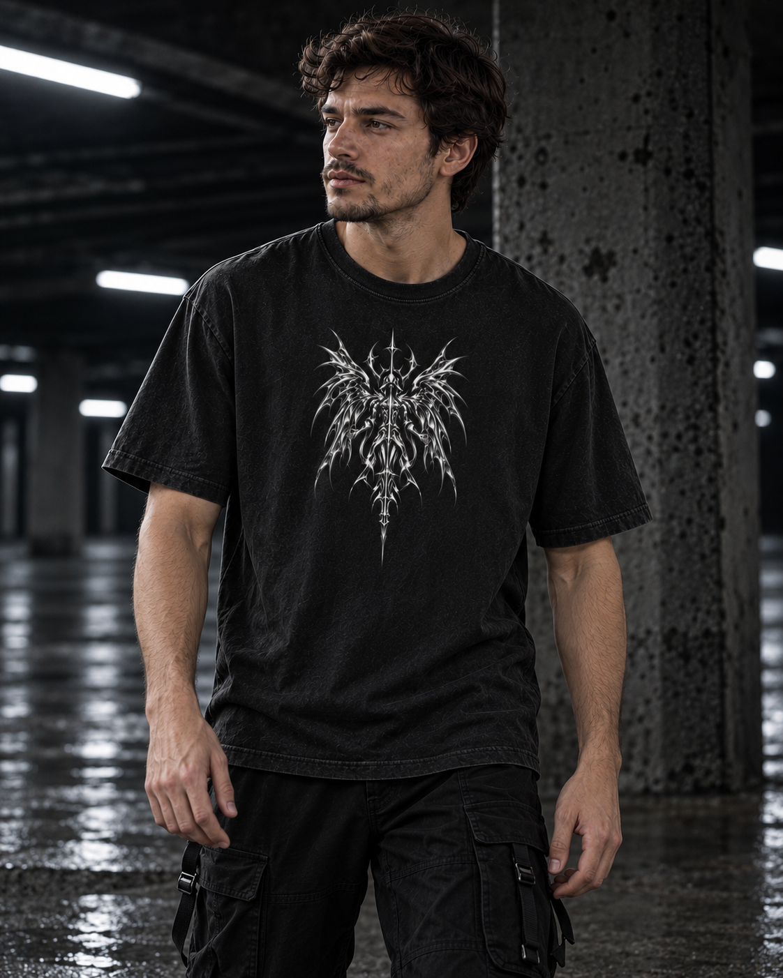 SWORLD — SERAPH TEE noir porté, vue de face, modèle homme, décor industriel