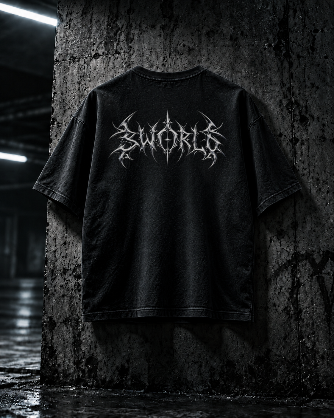 SWORLD — SWORDCORE TEE noir, vue de dos, motif logo, décor industriel